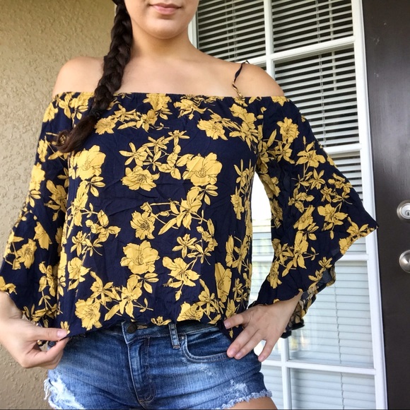 Favlux Tops - Navy Blue & Mustard Floral Off-the-Shoulder Top